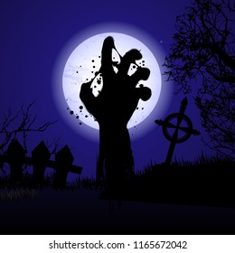 Dark blue halloween background with zombie hand in cemetery