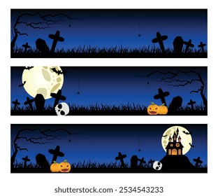 Dark blue Halloween banners with graveyard, skull, pumpkins, bats and spooky houses under the moonlit night