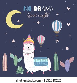 Dark blue hand drawn cute card with llama,cactus,hat,balloon,star,heart and moon.No drama good night