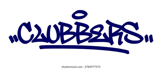 Dark blue hand drawn graffiti tag text reading clubbers featuring raw street art style.