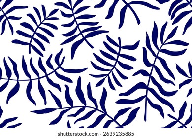 Dark blue hand drawn leaves and branches, seamless pattern. Tropical abstract shapes, botanical background. Wallpaper with hand drawn floral design. Vector ink illustration on white background