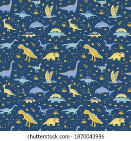 Dark blue hand drawn seamless pattern with dinosaurs and ancient nature. Perfect for textile, kids fabric, nursery wallpaper. Cute dinosaurs. Vector illustration.