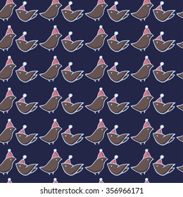 Dark blue hand drawn seamless pattern with cute little birds in winter hats. Decorative vector ornamental background. Can be used for textile design, bag template, packaging.