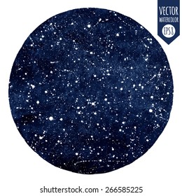 Dark blue hand drawn watercolor vector night sky with stars. Splash texture. Circle form with rough, artistic edges.