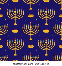 Dark blue Hanukkah vector seamless pattern background with menorah, lighting candles and sufganiyot.