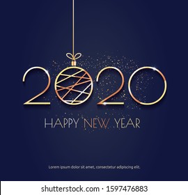 Dark blue Happy New 2020 Year. Holiday vector illustration of golden metallic numbers 2020 with Christmas ball and sparkling glitters pattern.Holiday greetings.