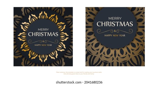 Dark blue happy new year brochure with vintage gold pattern