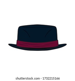 dark blue hat with red bandage. jazz hat, comic, vector drawing. isolated on white background.