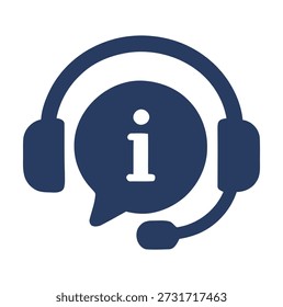 Icono azul oscuro del auricular con el símbolo de la información dentro de la comunicación de la burbuja del discurso