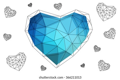 Dark blue heart isolated on white background. Geometric rumpled triangular low poly origami style gradient graphic illustration. Vector polygonal design for your business.