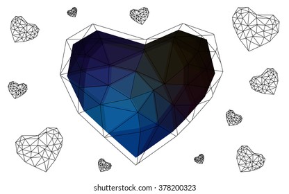 Dark blue heart isolated on white background. Geometric rumpled triangular low poly origami style gradient graphic illustration. Vector polygonal design for your business.