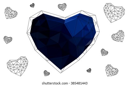 Dark blue heart isolated on white background. Geometric rumpled triangular low poly origami style gradient graphic illustration. Vector polygonal design for your business.