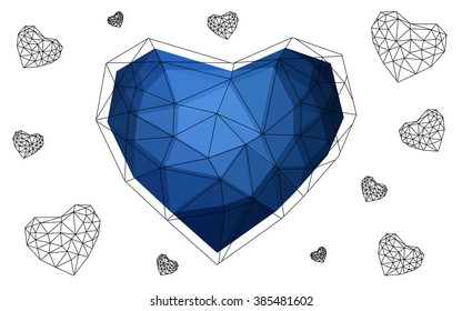 Dark blue heart isolated on white background. Geometric rumpled triangular low poly origami style gradient graphic illustration. Vector polygonal design for your business.