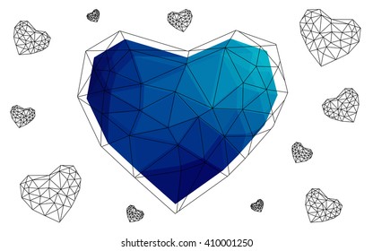 Dark blue heart isolated on white background. Geometric rumpled triangular low poly origami style gradient graphic illustration. Vector polygonal design for your business.