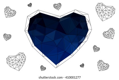 Dark blue heart isolated on white background. Geometric rumpled triangular low poly origami style gradient graphic illustration. Vector polygonal design for your business.