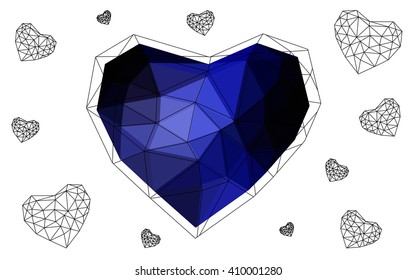 Dark blue heart isolated on white background. Geometric rumpled triangular low poly origami style gradient graphic illustration. Vector polygonal design for your business.