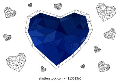 Dark blue heart isolated on white background. Geometric rumpled triangular low poly origami style gradient graphic illustration. Vector polygonal design for your business.