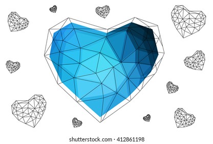 Dark blue heart isolated on white background. Geometric rumpled triangular low poly origami style gradient graphic illustration. Vector polygonal design for your business.