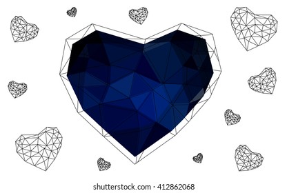 Dark blue heart isolated on white background. Geometric rumpled triangular low poly origami style gradient graphic illustration. Vector polygonal design for your business.