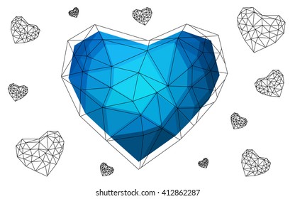 Dark blue heart isolated on white background. Geometric rumpled triangular low poly origami style gradient graphic illustration. Vector polygonal design for your business.