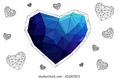 Dark blue heart isolated on white background. Geometric rumpled triangular low poly origami style gradient graphic illustration. Vector polygonal design for your business.