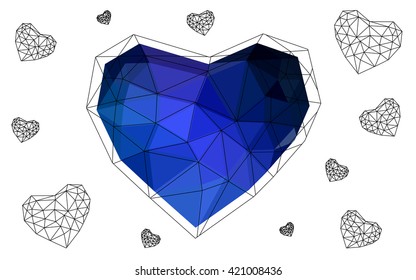 Dark blue heart isolated on white background. Geometric rumpled triangular low poly origami style gradient graphic illustration. Vector polygonal design for your business.
