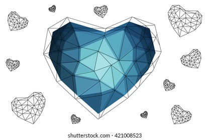 Dark blue heart isolated on white background. Geometric rumpled triangular low poly origami style gradient graphic illustration. Vector polygonal design for your business.