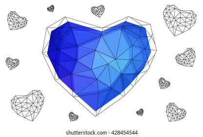 Dark blue heart isolated on white background. Geometric rumpled triangular low poly origami style gradient graphic illustration. Vector polygonal design for your business.