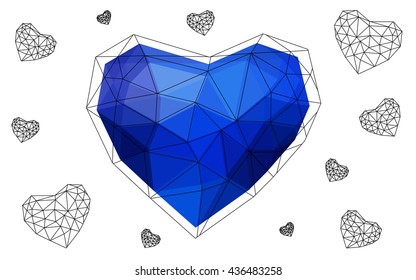 Dark blue heart isolated on white background. Geometric rumpled triangular low poly origami style gradient graphic illustration. Vector polygonal design for your business.