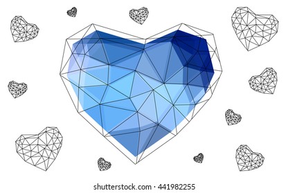Dark blue heart isolated on white background. Geometric rumpled triangular low poly origami style gradient graphic illustration. Vector polygonal design for your business.