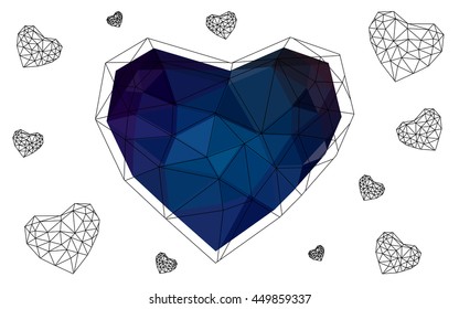 Dark blue heart isolated on white background. Geometric rumpled triangular low poly origami style gradient graphic illustration. Vector polygonal design for your business.