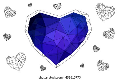 Dark blue heart isolated on white background. Geometric rumpled triangular low poly origami style gradient graphic illustration. Vector polygonal design for your business.