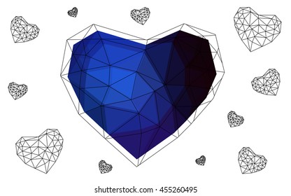 Dark blue heart isolated on white background. Geometric rumpled triangular low poly origami style gradient graphic illustration.