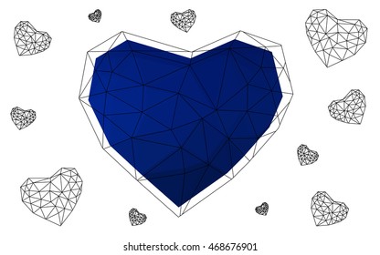 Dark blue heart isolated on white background. Geometric rumpled triangular low poly origami style gradient graphic illustration. Vector polygonal design for your business.