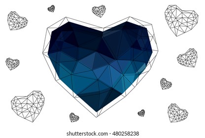 Dark blue heart isolated on white background. Geometric rumpled triangular low poly origami style gradient graphic illustration. Vector polygonal design for your business.