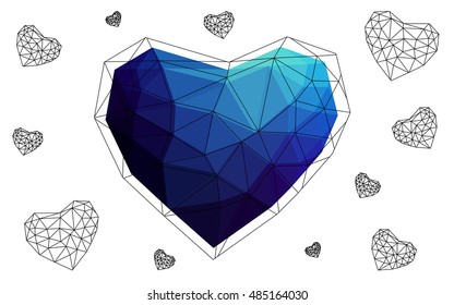 Dark blue heart isolated on white background. Geometric rumpled triangular low poly origami style gradient graphic illustration. Vector polygonal design for your business.
