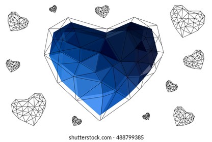 Dark blue heart isolated on white background. Geometric rumpled triangular low poly origami style gradient graphic illustration. Vector polygonal design for your business.