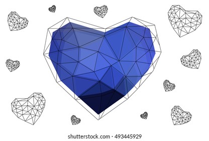 Dark blue heart isolated on white background. Geometric rumpled triangular low poly origami style gradient graphic illustration. Vector polygonal design for your business.