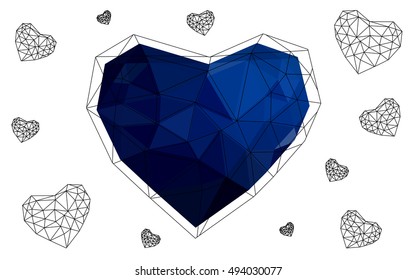 Dark blue heart isolated on white background. Geometric rumpled triangular low poly origami style gradient graphic illustration. Vector polygonal design for your business.