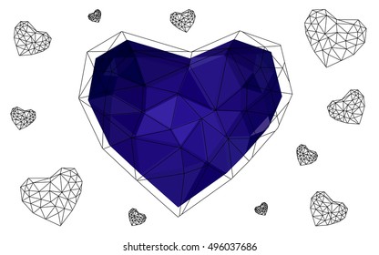 Dark blue heart isolated on white background. Geometric rumpled triangular low poly origami style gradient graphic illustration. Vector polygonal design for your business.