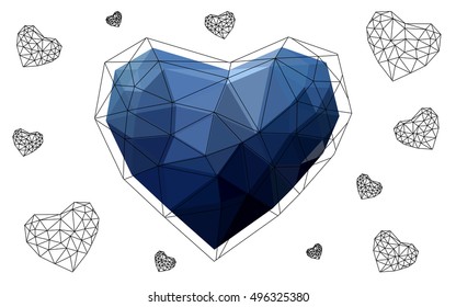 Dark blue heart isolated on white background. Geometric rumpled triangular low poly origami style gradient graphic illustration. Vector polygonal design for your business.