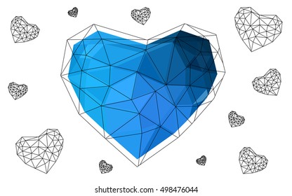 Dark blue heart isolated on white background. Geometric rumpled triangular low poly origami style gradient graphic illustration. Vector polygonal design for your business.