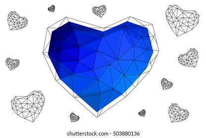 Dark blue heart isolated on white background. Geometric rumpled triangular low poly origami style gradient graphic illustration. Vector polygonal design for your business.