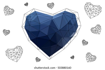 Dark blue heart isolated on white background. Geometric rumpled triangular low poly origami style gradient graphic illustration. Vector polygonal design for your business.