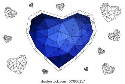 Dark blue heart isolated on white background. Geometric rumpled triangular low poly origami style gradient graphic illustration. Vector polygonal design for your business.