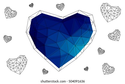 Dark blue heart isolated on white background. Geometric rumpled triangular low poly origami style gradient graphic illustration. Vector polygonal design for your business.