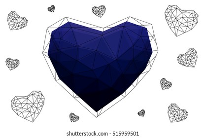 Dark blue heart isolated on white background. Geometric rumpled triangular low poly origami style gradient graphic illustration. Vector polygonal design for your business.