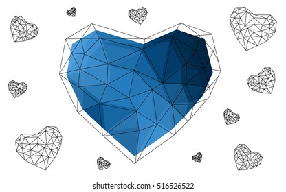 Dark blue heart isolated on white background. Geometric rumpled triangular low poly origami style gradient graphic illustration. Vector polygonal design for your business.