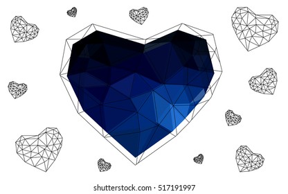 Dark blue heart isolated on white background. Geometric rumpled triangular low poly origami style gradient graphic illustration. Vector polygonal design for your business.
