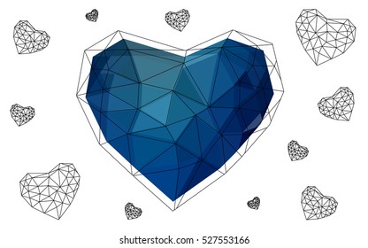 Dark blue heart isolated on white background. Geometric rumpled triangular low poly origami style gradient graphic illustration. Vector polygonal design for your business.